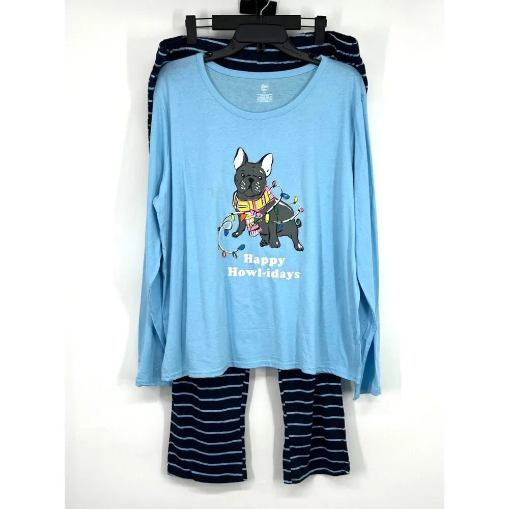 Sleep Chic Pajama Set Blue Stripe French Bulldog Graphic 2 Piece XMAS